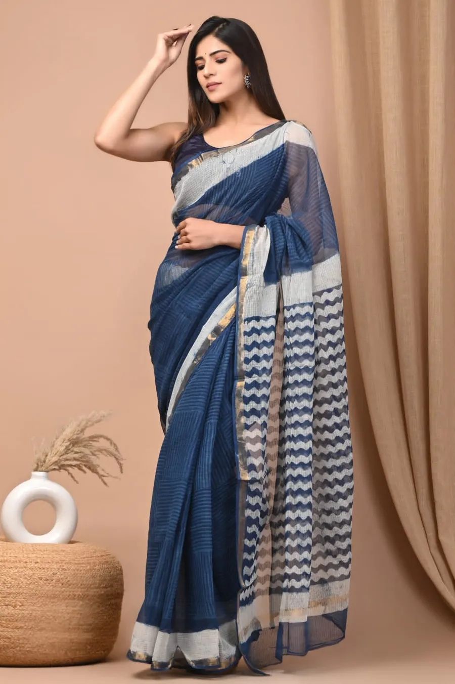Handcrafted Bagru Print Indigo Colour Kota Sarees